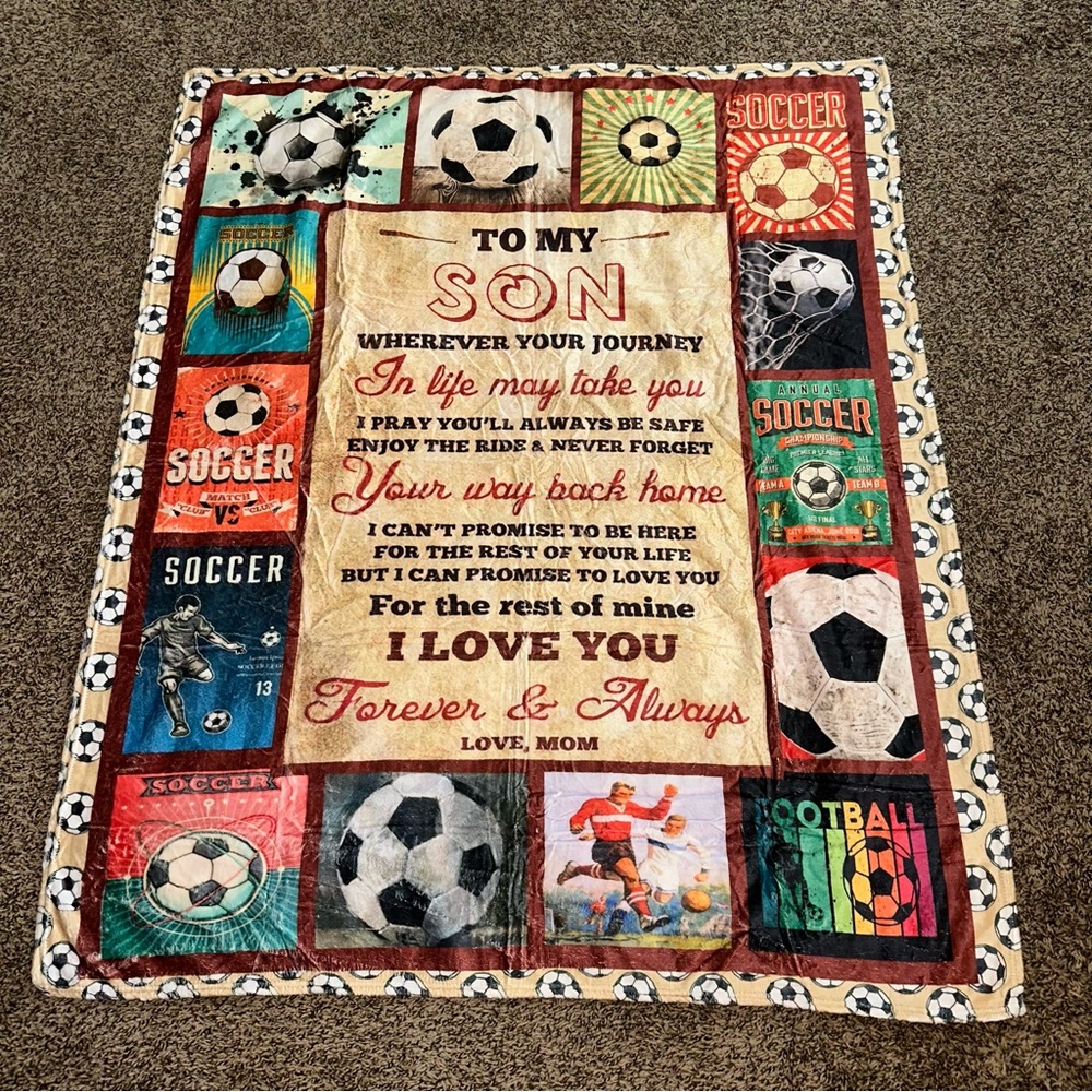 To my son Love, Mom Red and Orange Soccer themed Throw blanket